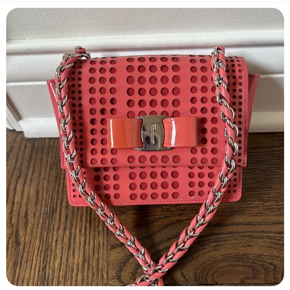 Salvatore Ferragamo Mini Ginny Perforated Calfskin Coral Crossbody